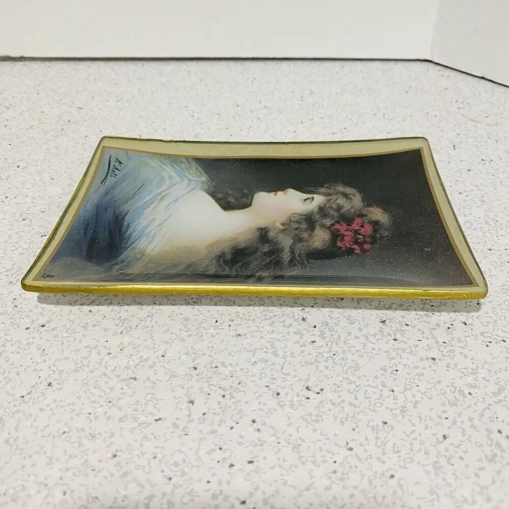 Asti Glass Pin Vanity Ring Dish Small Tray Edwardian Victorian Woman Portrait